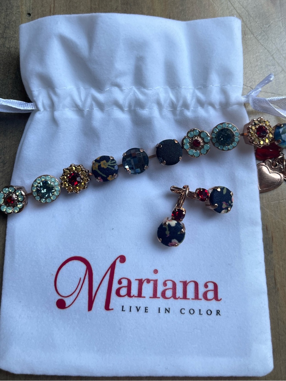 Mariana Navy Floral Crystal Bracelet and clip on earringswith Multicolor Accents
